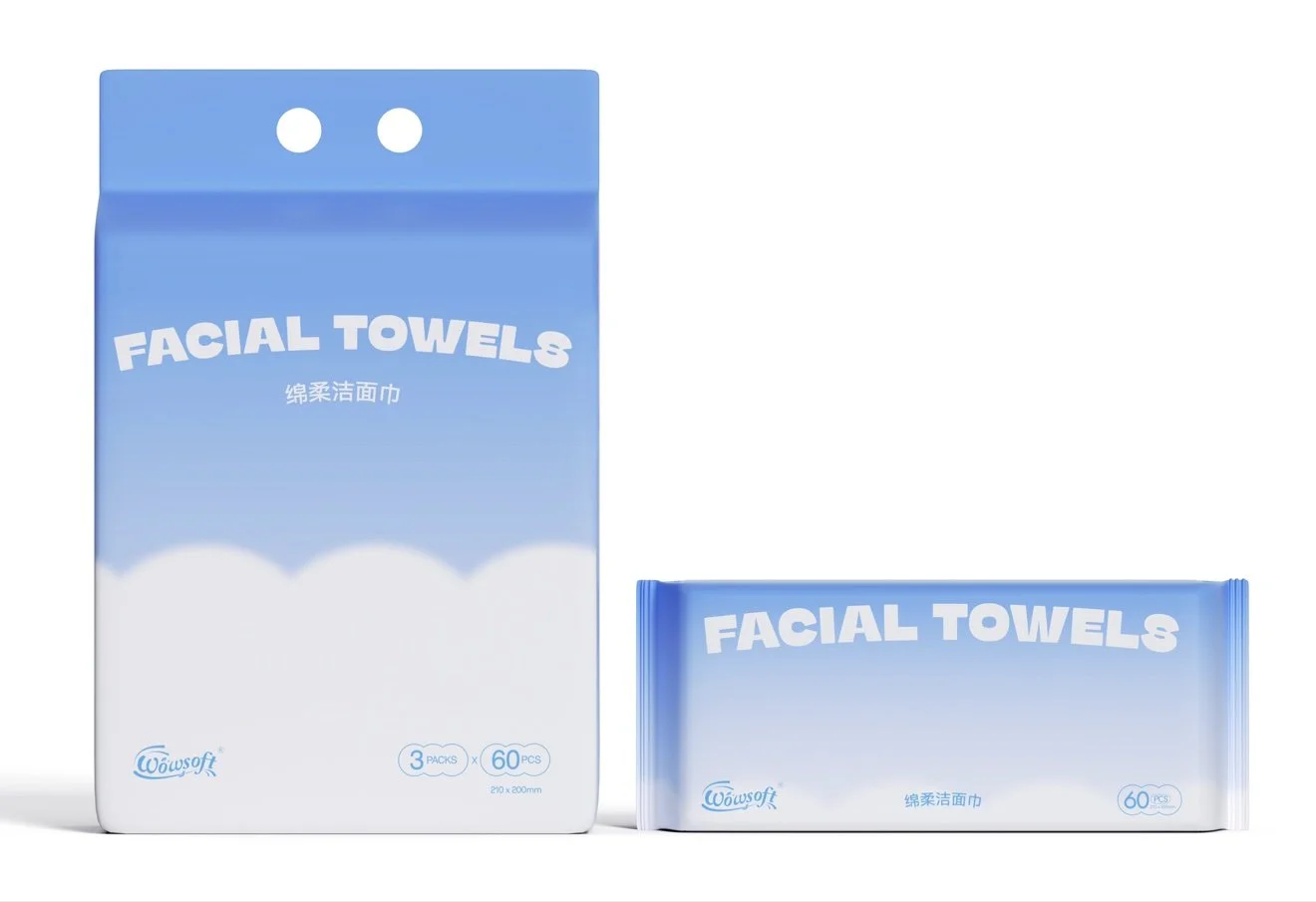 Complete hanging multipack and flat pack of WOWSOFT Facial Towels