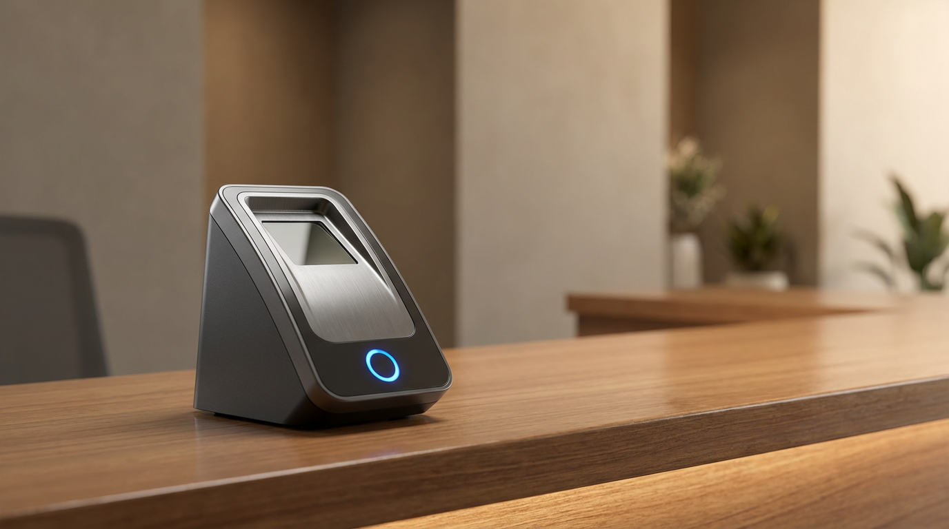 A modern wireless contactless payment station with a circular blue light, situated on a wooden surface in an indoor setting.