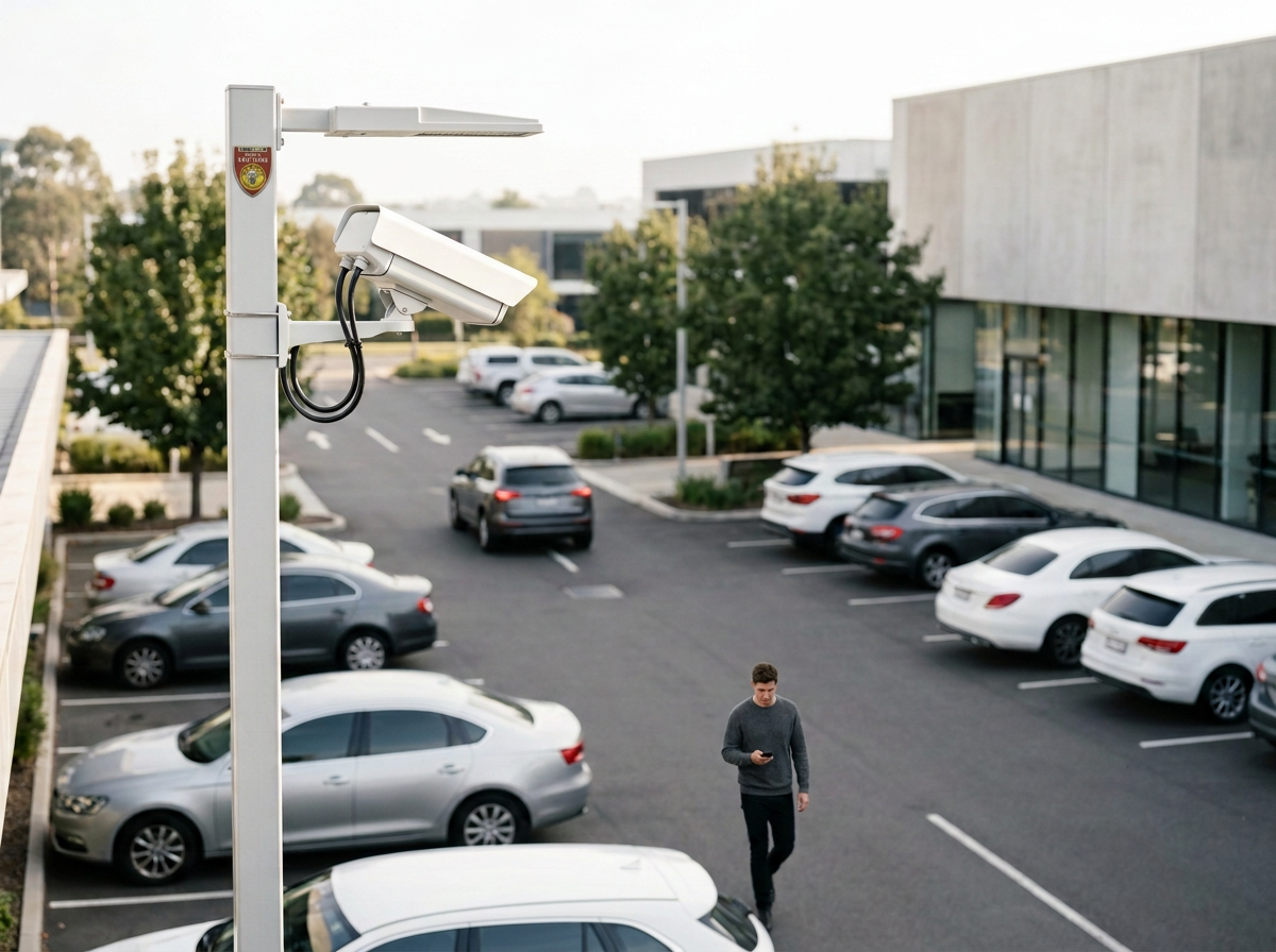 Empty parking lot with several parked cars, a person walking while looking at their phone, and a security camera mounted on a pole.