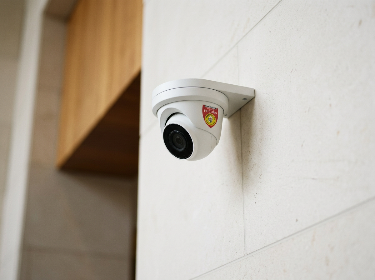 Security camera installed on a white wall in an indoor setting.
