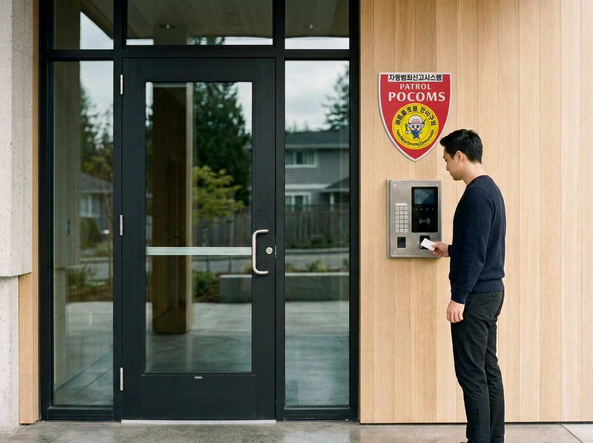 A man using a security keypad and card reader outside the entrance of a building. There is a red and yellow patrol sign that reads 'Patrol Pocom S' with a logo, mounted on a wooden wall.