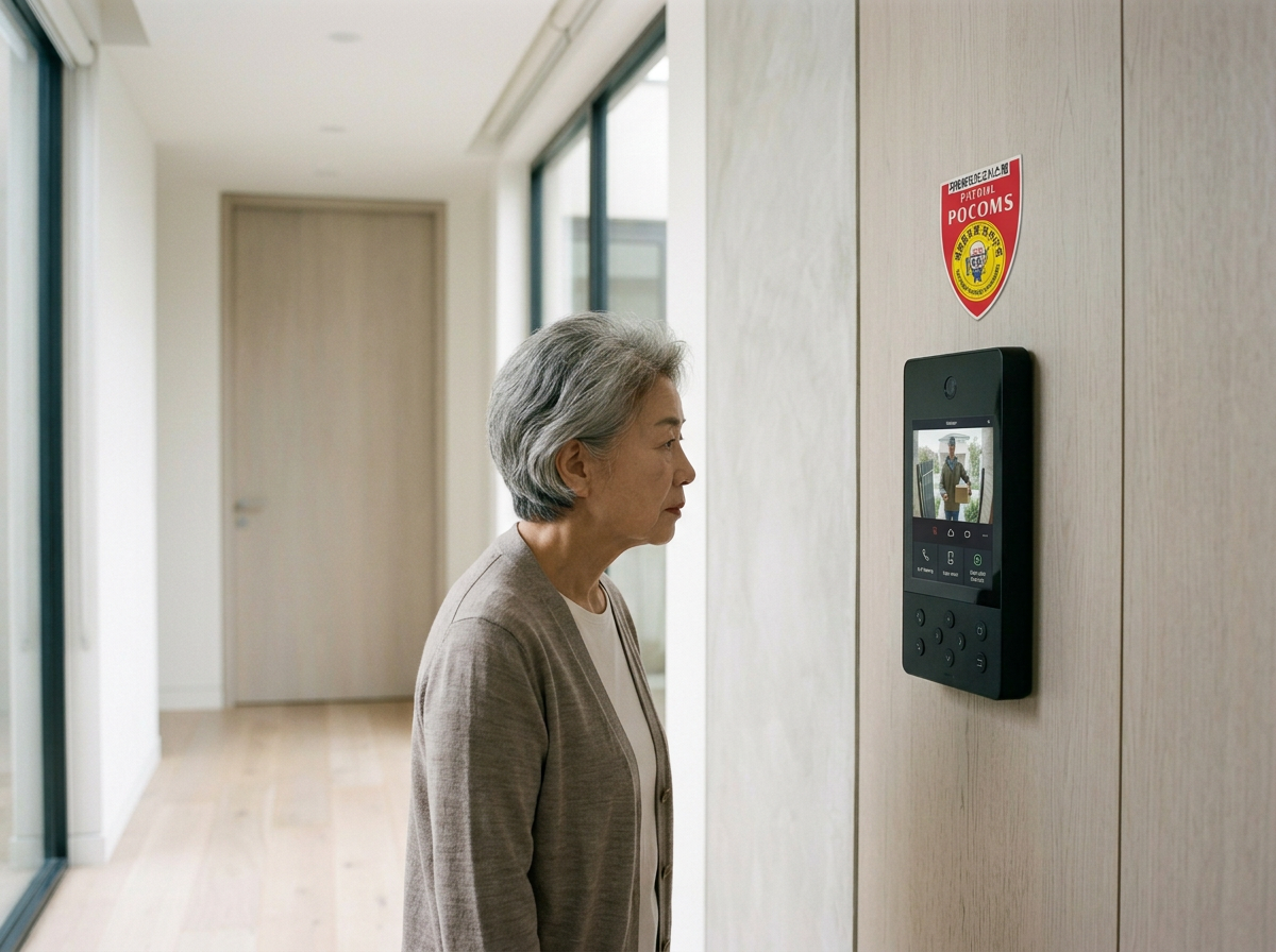 An elderly woman standing indoors, looking at a security or intercom device mounted on a wooden wall, with a badge on the wall above it.