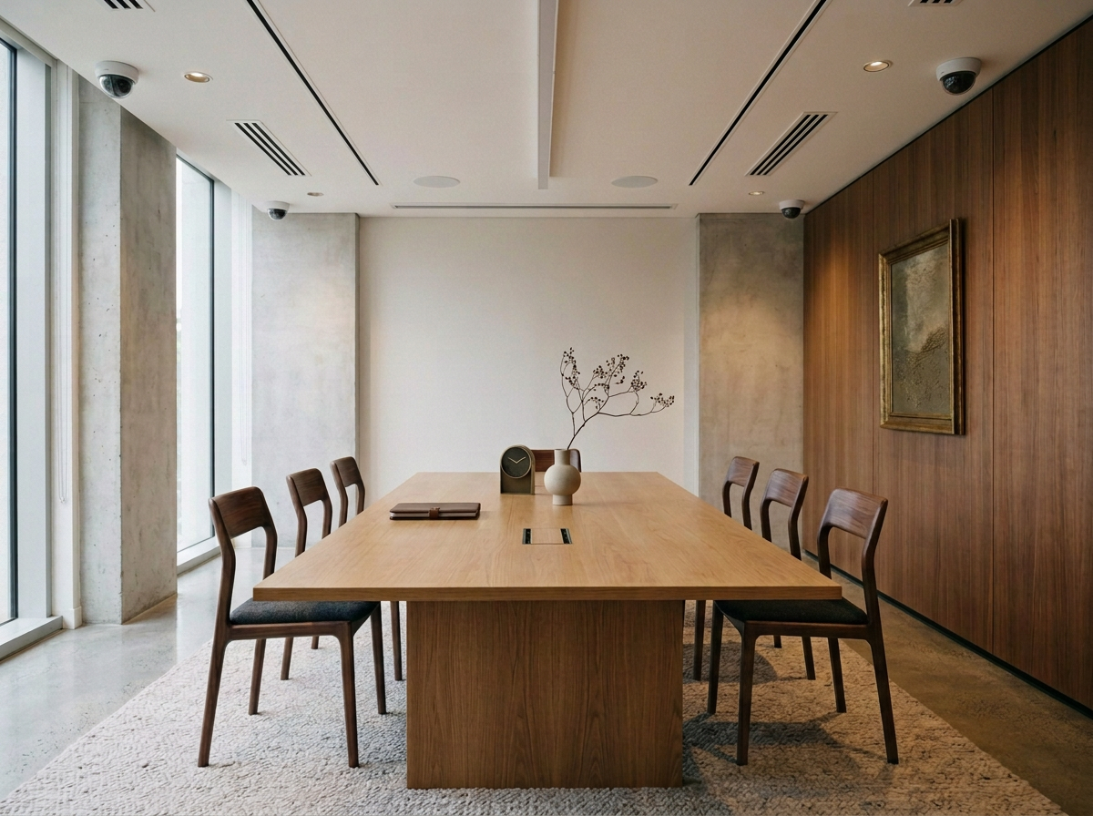 Modern conference room with a wooden table, eight chairs, a white vase with branches, a decorative clock, and artwork on the wall.