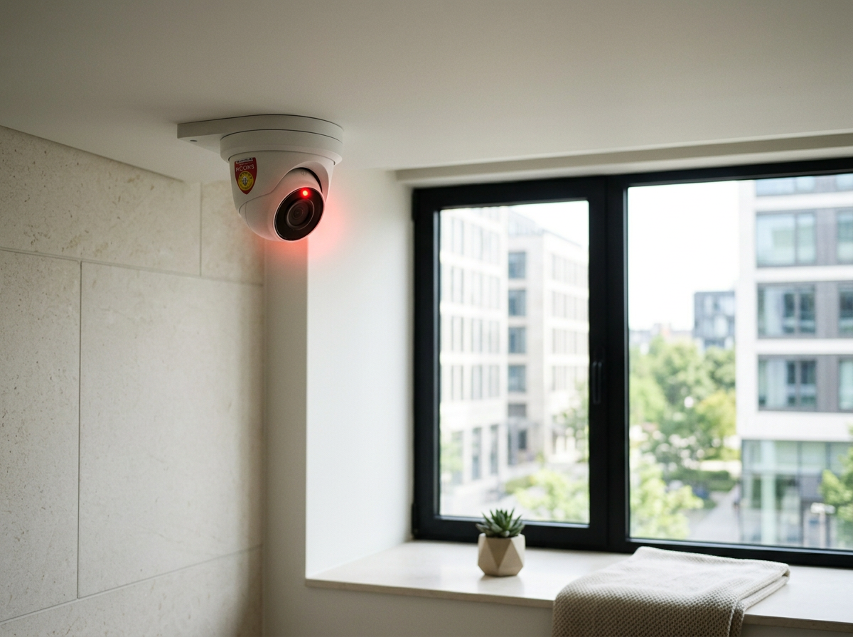 A security camera mounted on the ceiling near a window in a modern apartment.