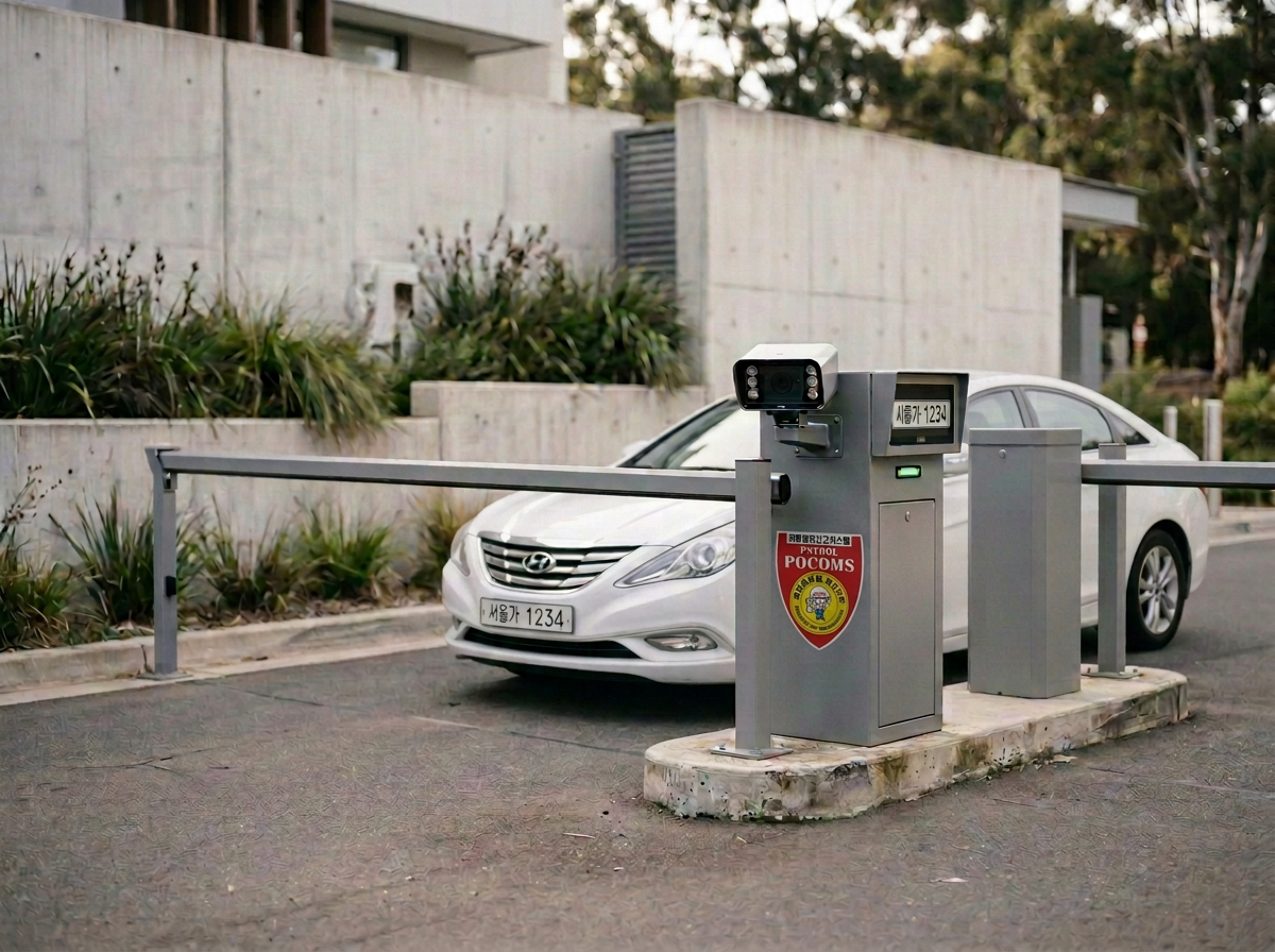 A white sedan car passing through a vehicle security gate with an automatic barrier, and a card reader/arm scanner at a gated entrance.
