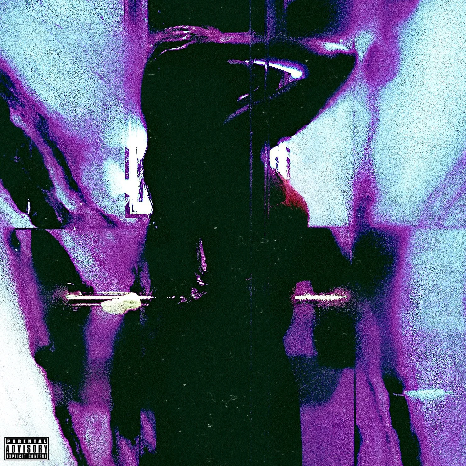 This is the photo for the outtakes album cover art by kc rain. It is a purple, black and white colored image with someone posing for a camera.