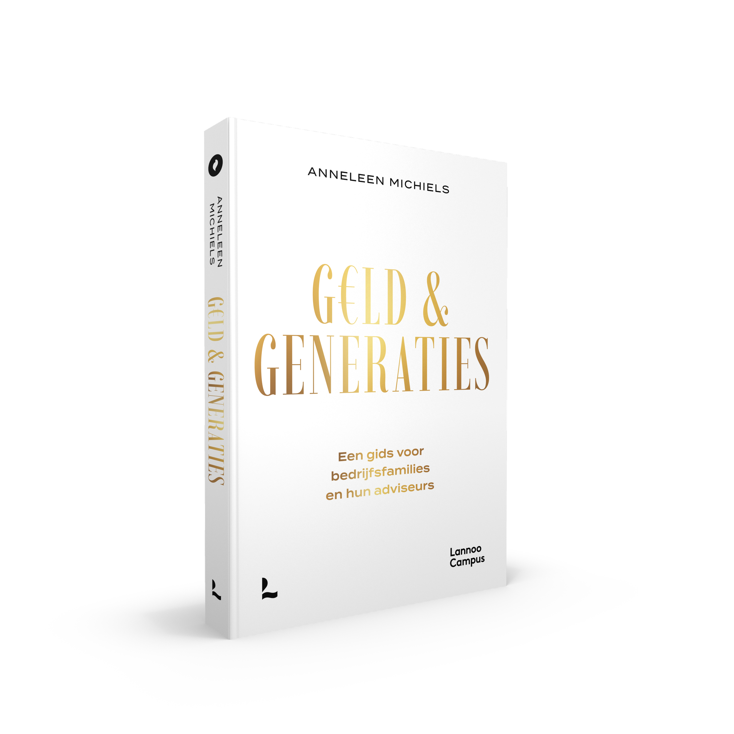 Book cover titled 'Geld & Generaties' by Anneleen Michiels with a white background and gold and black text.