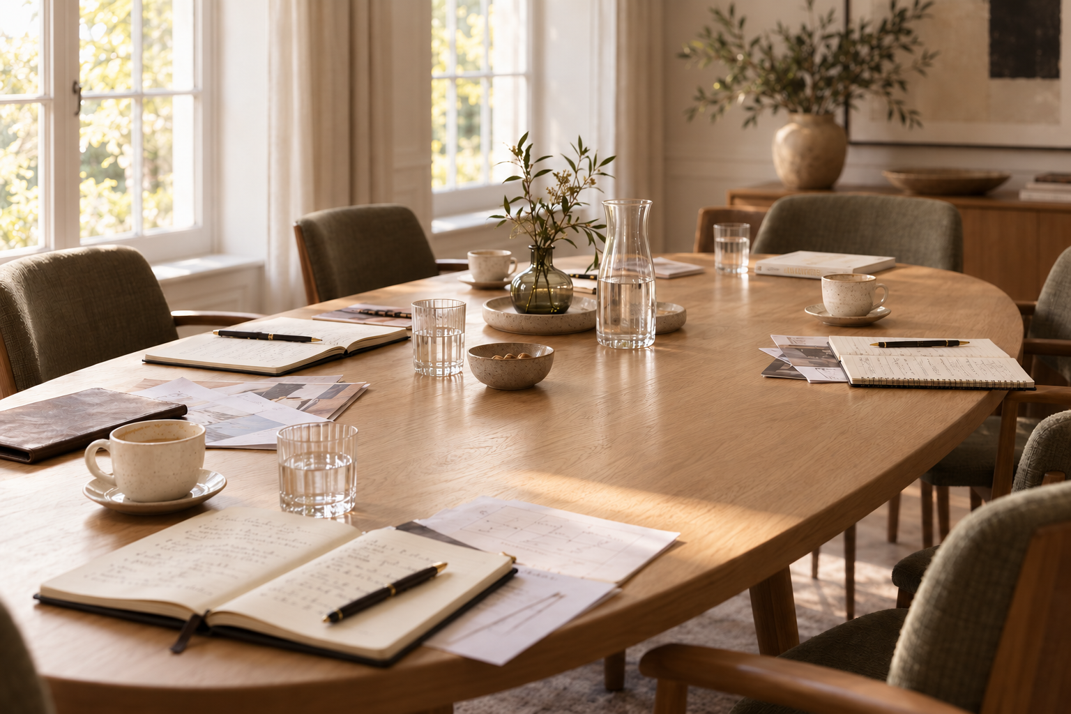 A well-lit wooden conference table with notebooks, pens, cups, glasses of water, a glass pitcher, and decorative vases with greenery, in a room with large windows and neutral decor.