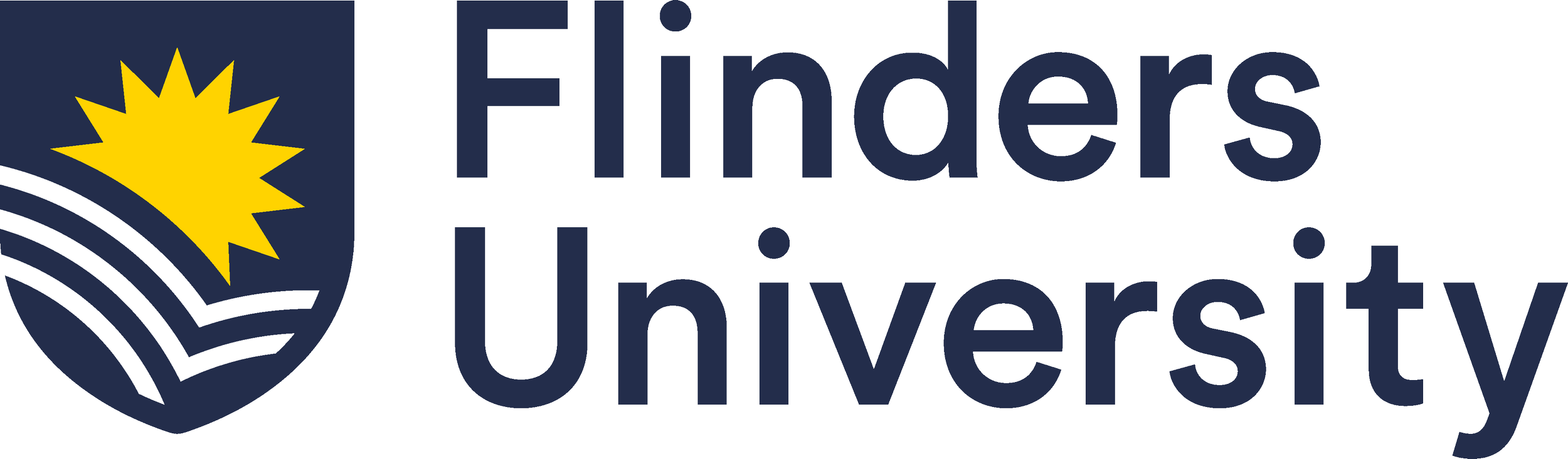 Logo of Flinders University featuring a shield with a yellow star and white stripes, and the university name in blue text.