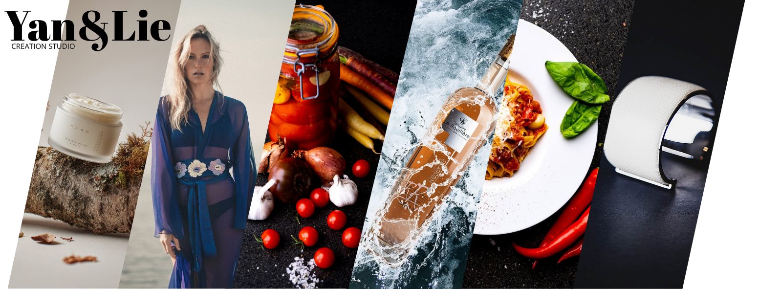 Une image composée de plusieurs sections montrant différents objets et aliments, dont une crème dans un pot, une femme en robe bleue, des légumes, une bouteille dans l'eau, des pâtes, une assiette de nourriture, et une enceinte