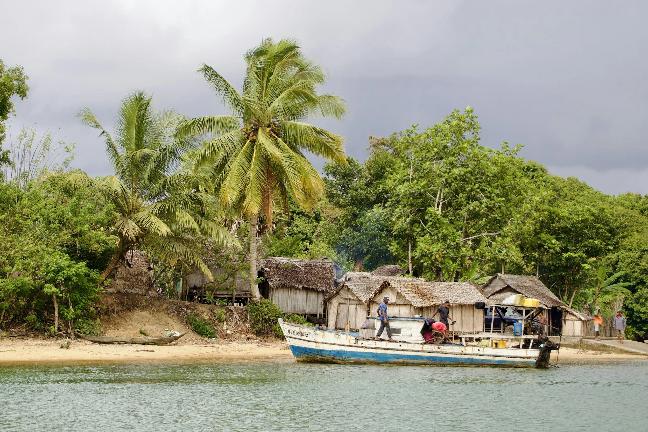 A tropical village with thatched-roof houses along a river, with large tropical trees including a tall palm tree, and a boat with people on it in the water. The sky is overcast.