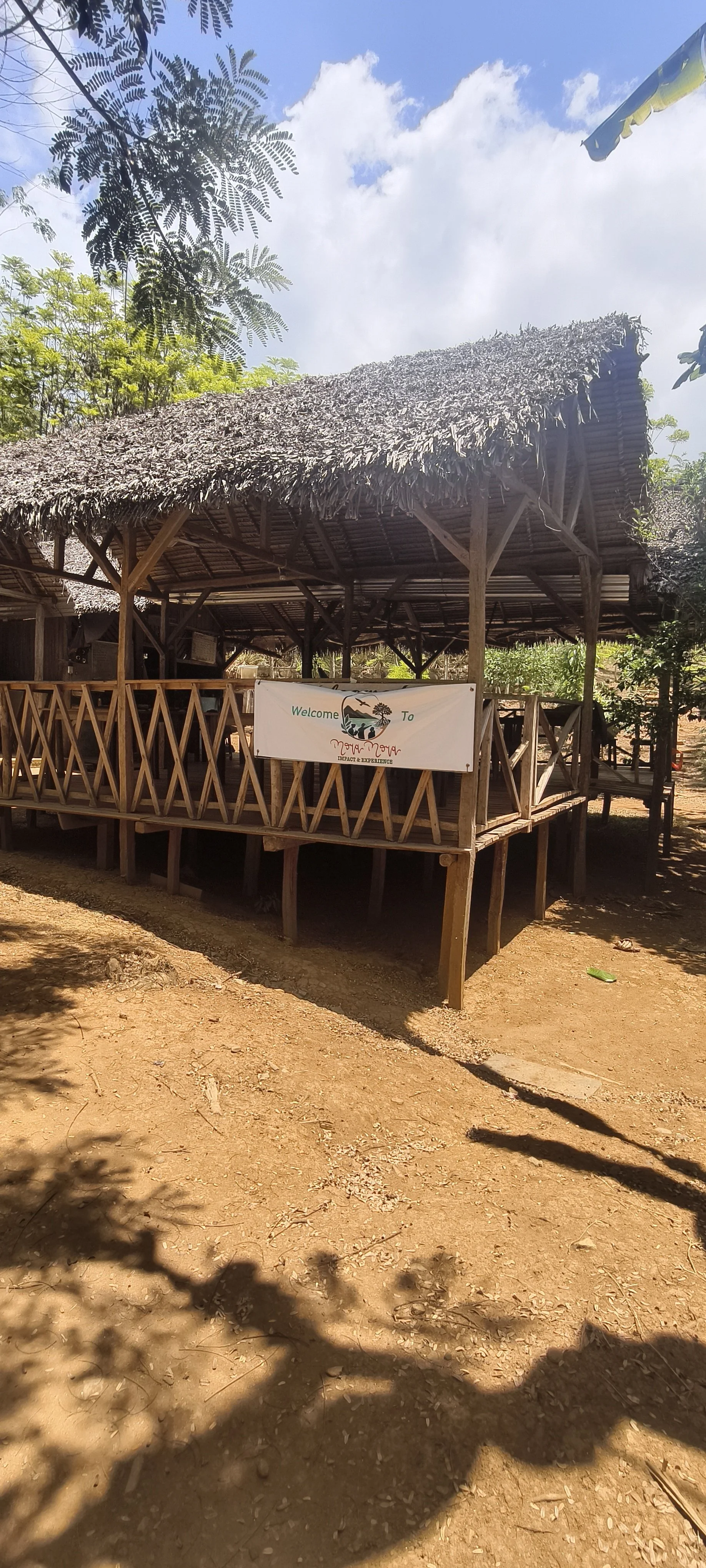A thatched-roof wooden structure with a sign that says "Welcome to" and some unreadable text, situated on a dirt ground with trees and a partly cloudy sky in the background.