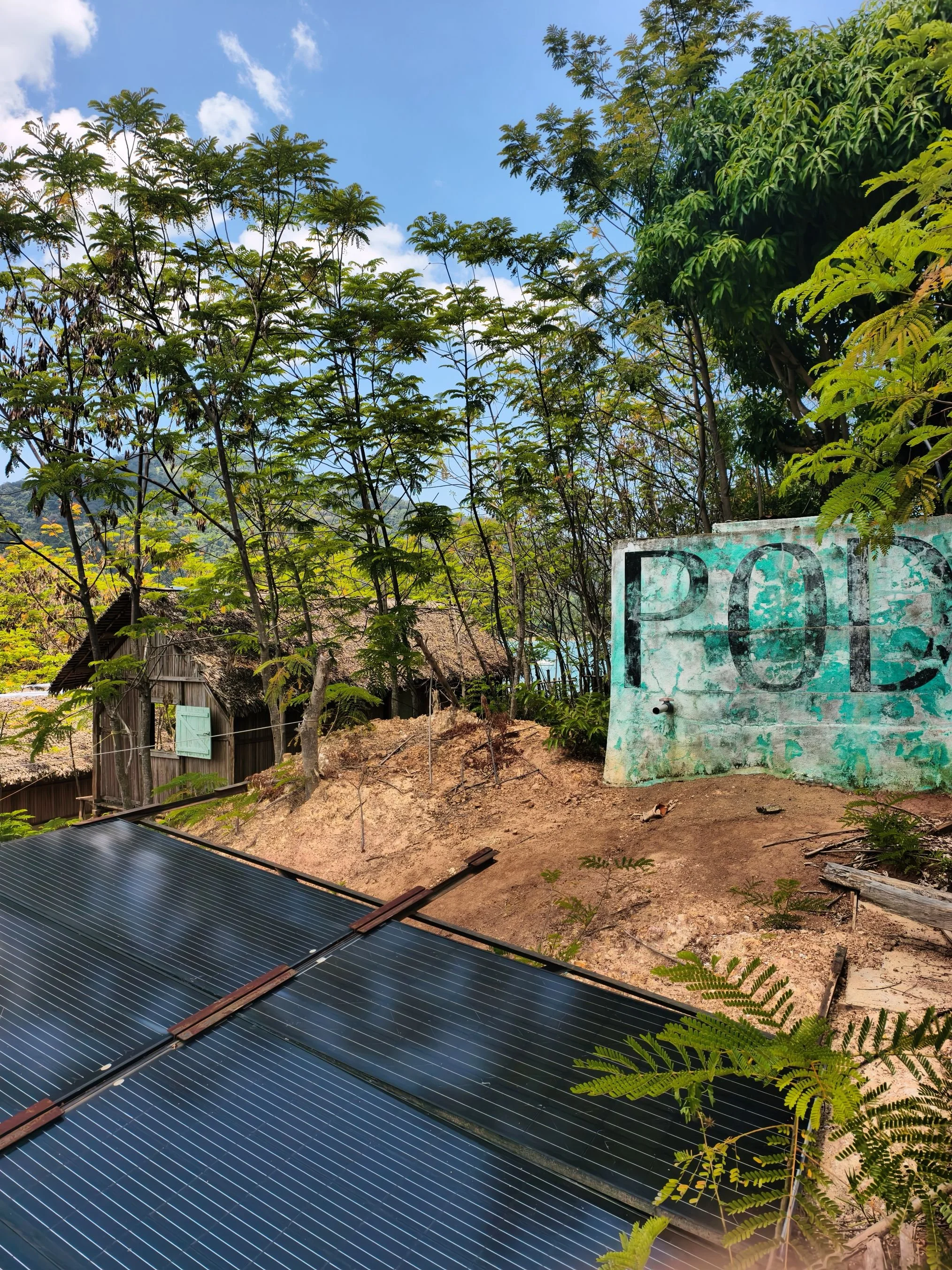 Rooftop solar panels in foreground with trees, a small structure, and a painted wall with the word 'POL' in the background under a partly cloudy blue sky.