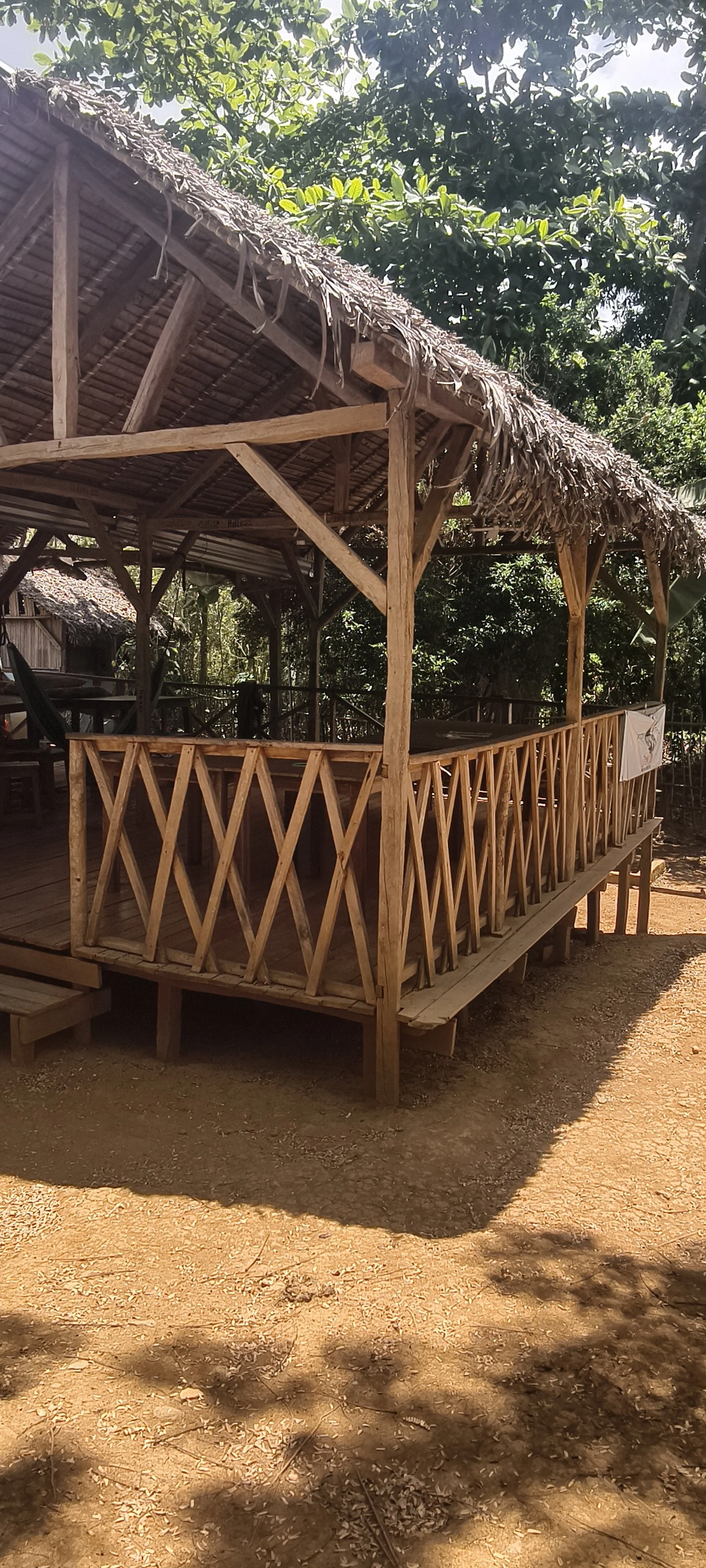 A wooden structure with a thatched roof and a balcony in a tropical setting, surrounded by trees.