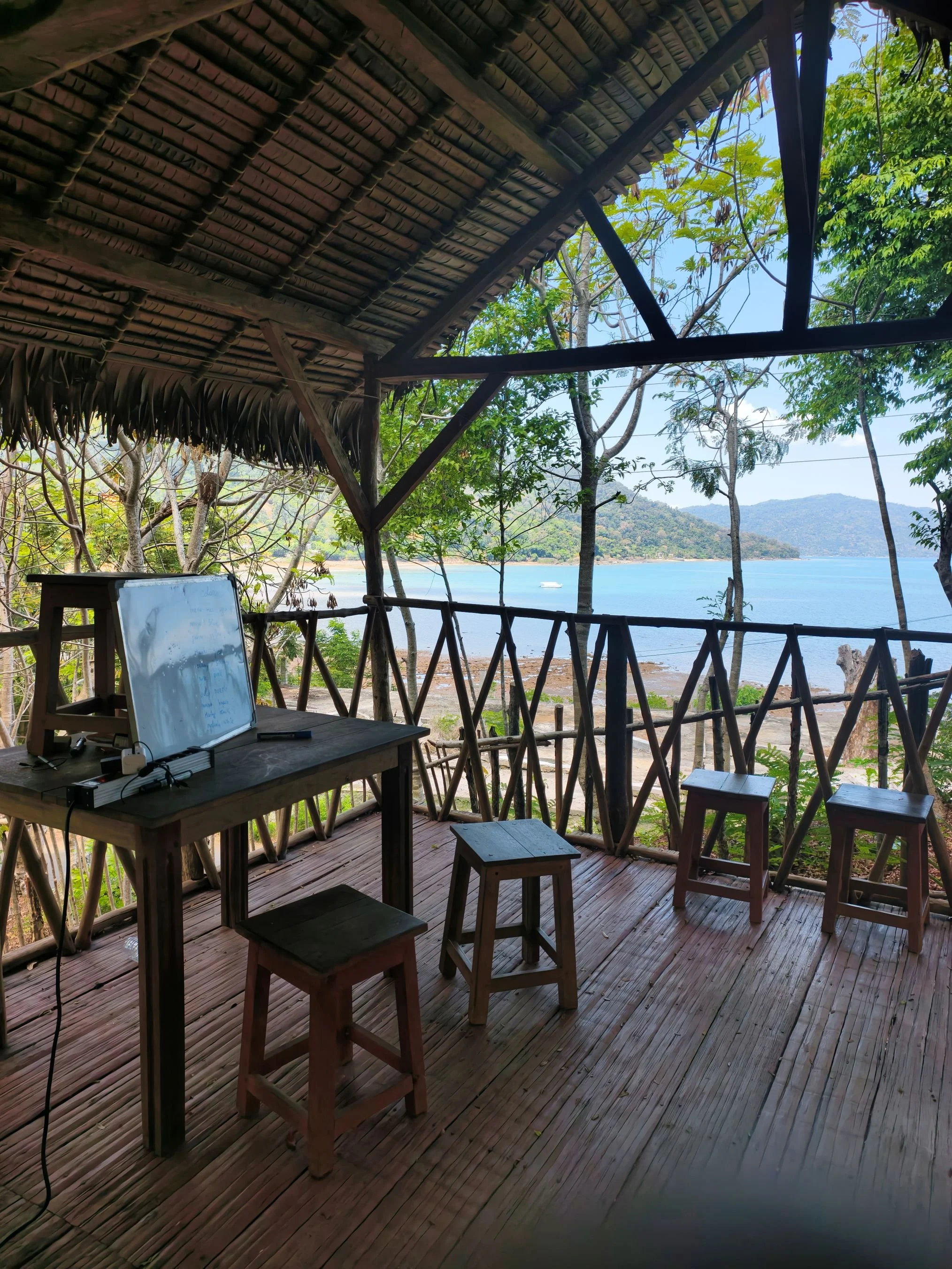 A rustic outdoor thatched-roof hut overlooking a body of water with distant hills, wooden tables and stools, and a whiteboard on a stand inside.