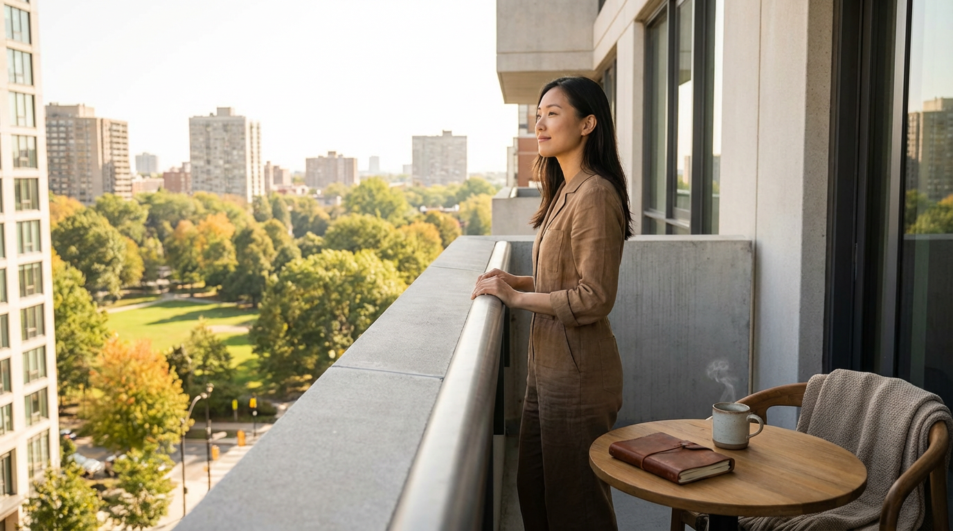 A woman in a brown blazer and pants standing on a balcony, looking out at a city park with trees and buildings in the distance. There is a round wooden table with a coffee mug, a notebook, and a jacket draped over a chair.