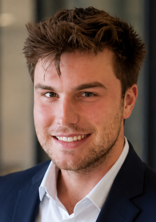 A young man with brown, tousled hair, smiling, dressed in a white shirt and dark blazer, in an indoor setting with blurred background.