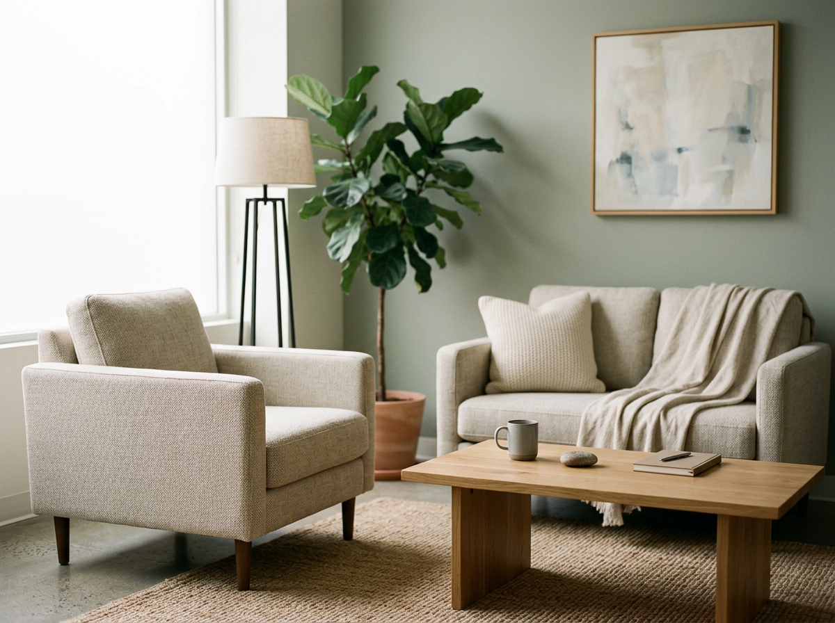 Therapy Office with beige armchair, a beige sofa with pillows and a blanket, a wooden coffee table with a mug, book, remote, and rock, a large potted plant, a floor lamp, a window, and an abstract painting on a green wall.