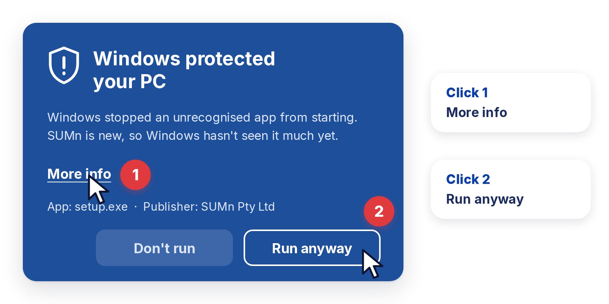 Windows protected your PC message: click More info, then Run anyway