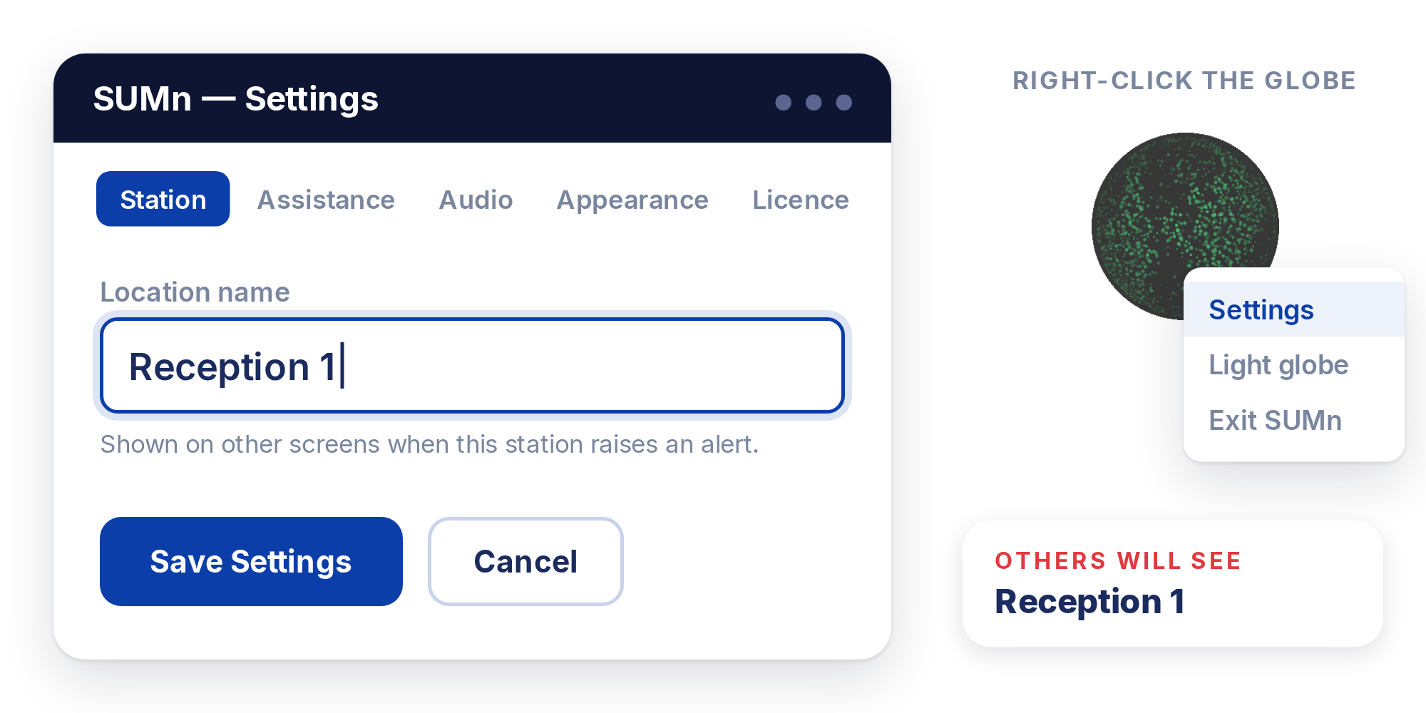SUMn Settings, Station tab: typing the location name Reception 1, then Save Settings