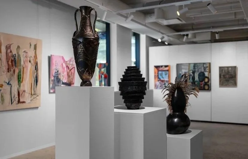 Three of the National Emerging Art Prize 2024 Finalists ceramic vessels on plinths in the Sydney Royal Botanical Garden Gallery