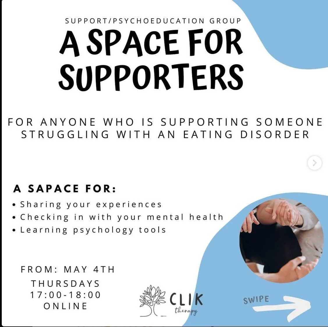 I am starting a 6 week online therapy group with @clik.therapy called &lsquo;A Space for Supporters.&rsquo; 

This is a group for anybody who supports a loved one with an eating disorder. It is a space to check in with your own mental health needs, s