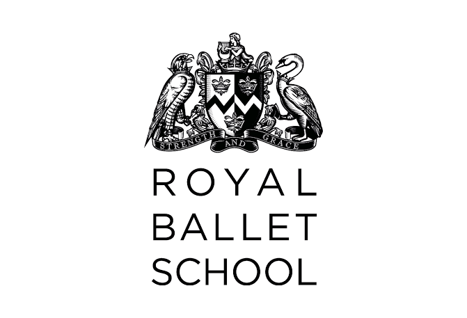 Royal Ballet School logo with a crest featuring two birds, a shield, and a person sitting on top, along with the words "Strength and Grace" and "Royal Ballet School".