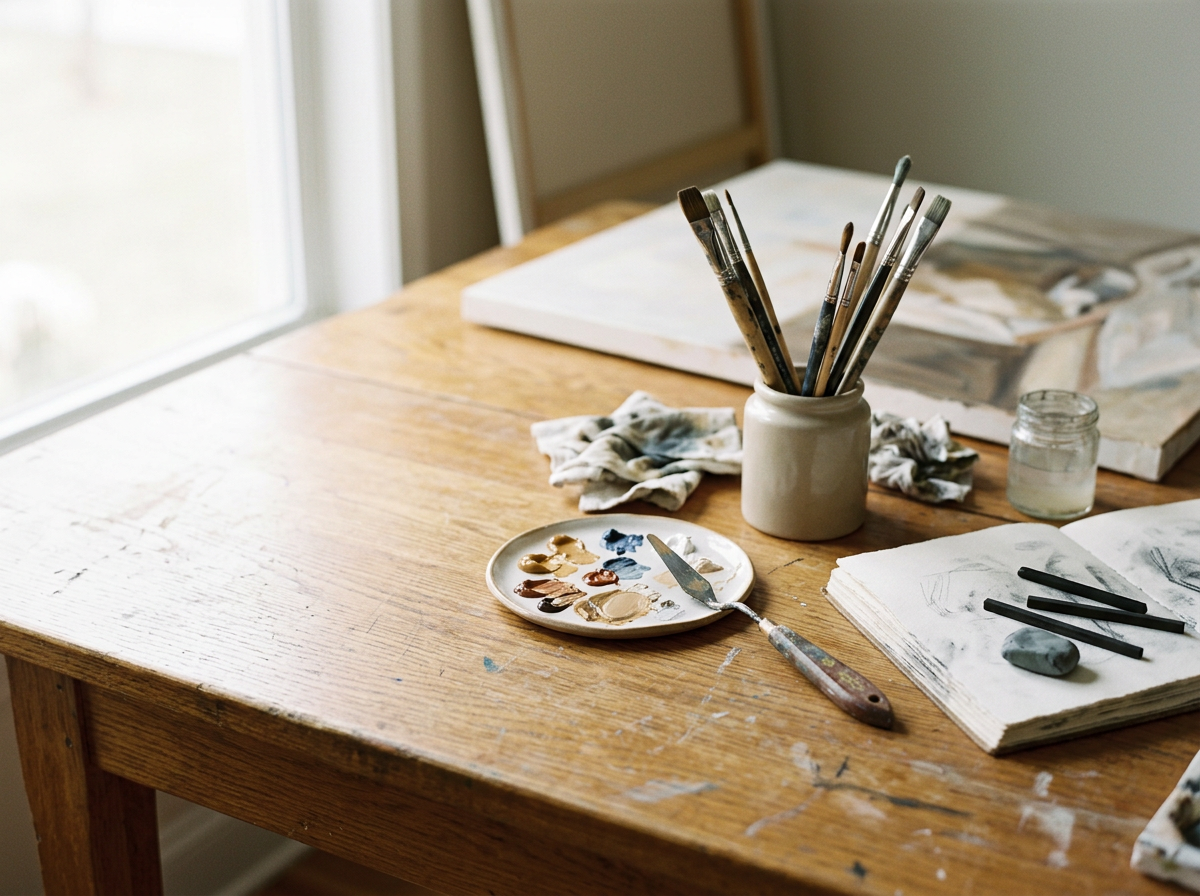 An artist's workspace with paintbrushes in a ceramic container, a palette with various paint colors, a paint scraper, an open sketchbook with drawings, and paint stains on a wooden table near a window.