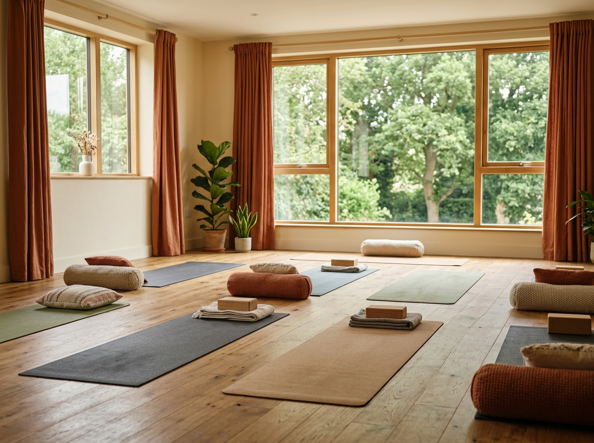 Yoga or meditation studio with mats, bolsters, and blocks, large windows showing greenery outside, indoor plants, and curtains.