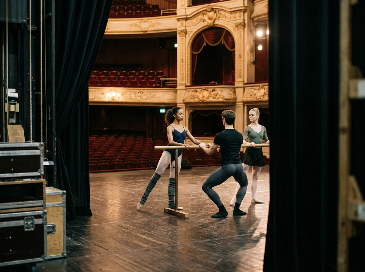 Ballet dancers practicing on stage in a theater with ornate balconies, viewed from behind the black stage curtains.