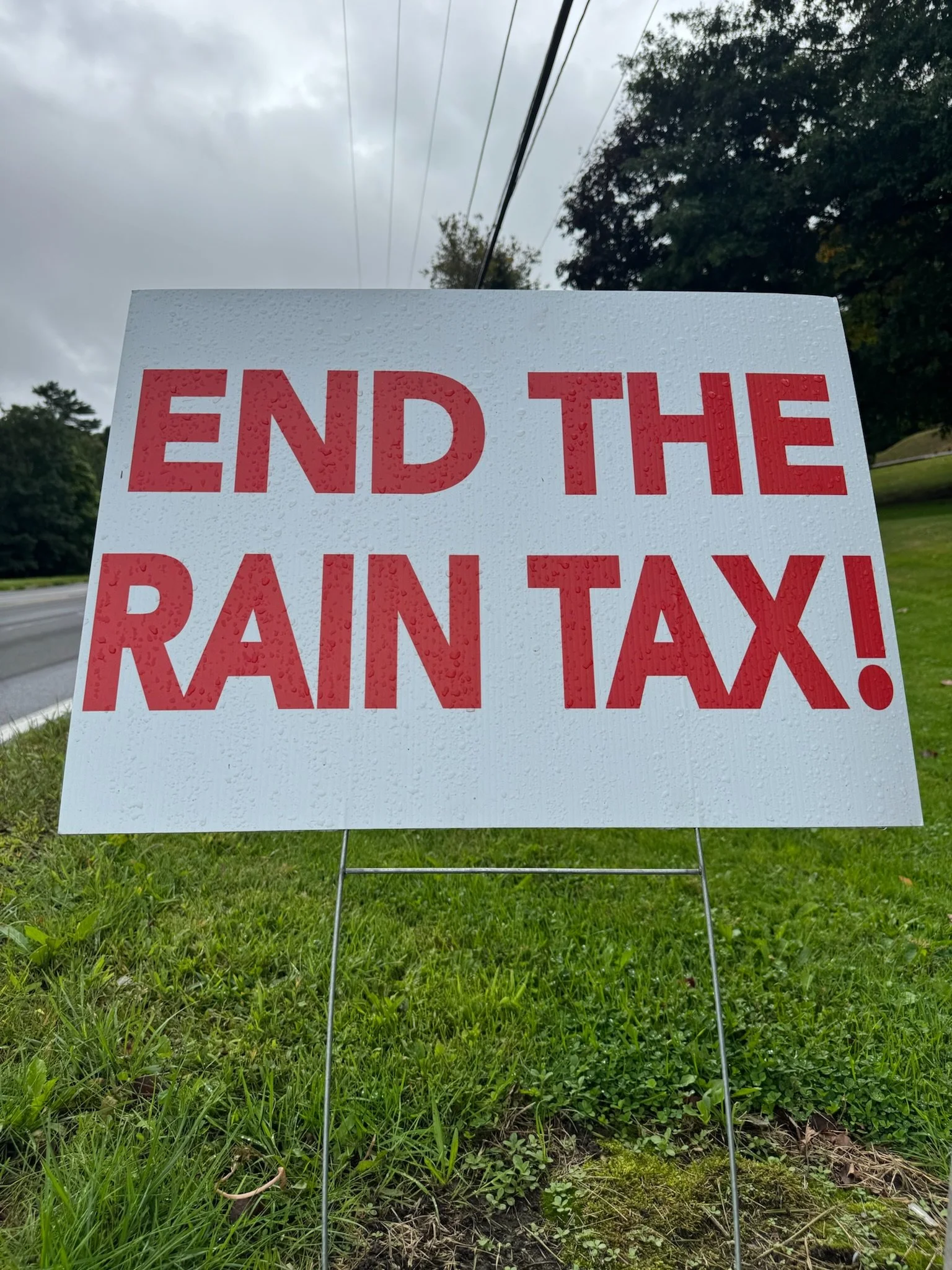 Sign with red text on a white background reading, "END THE RAIN TAX!" on a grassy area with trees, cloudy sky, and power lines in the background.