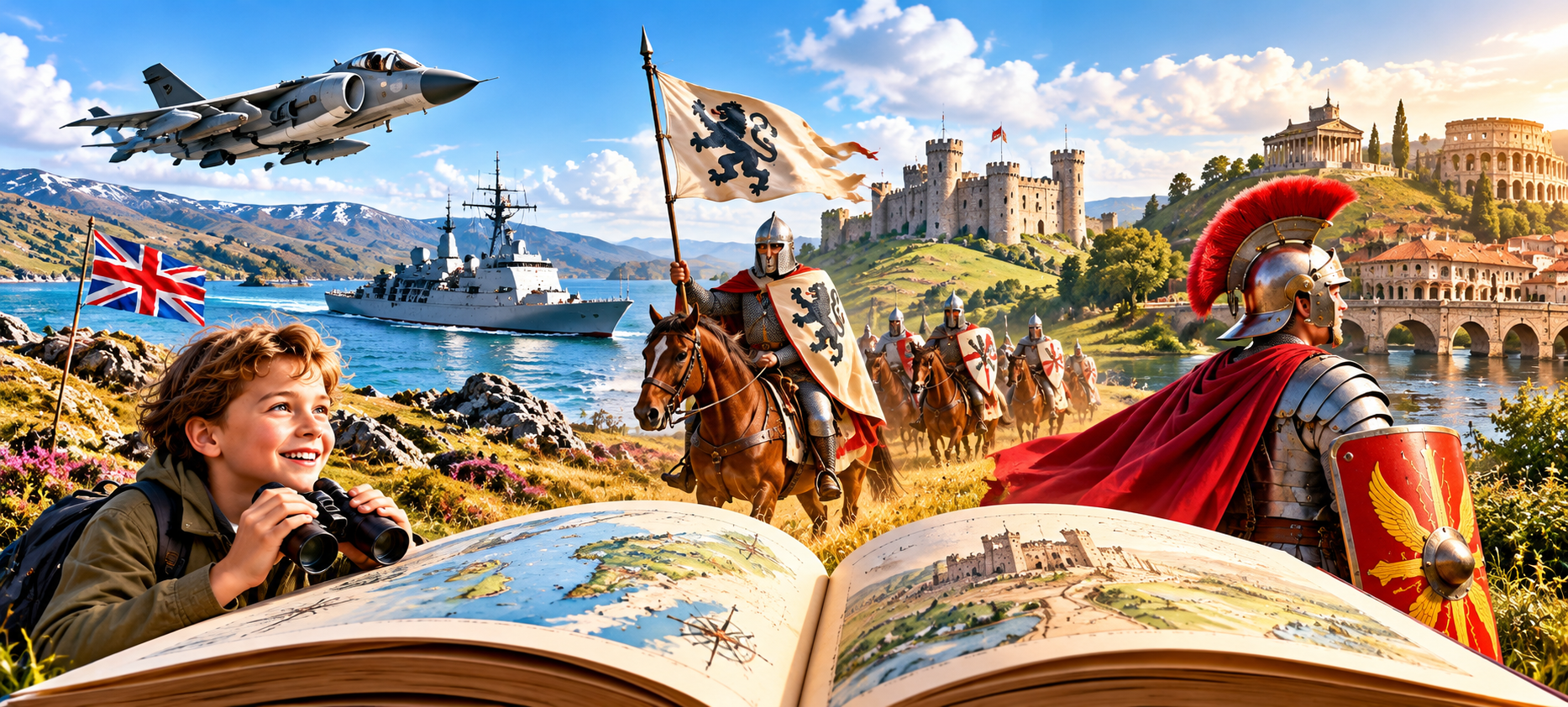 Fantasy history collage with a boy using binoculars, British flag, fighter jet, naval ship, medieval knights, Roman soldier, castle, and open illustrated map