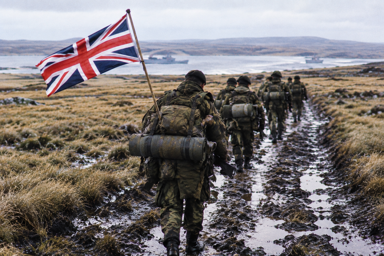 British soldiers carrying gear and a Union flag hike along a muddy trail in a remote coastal landscape.