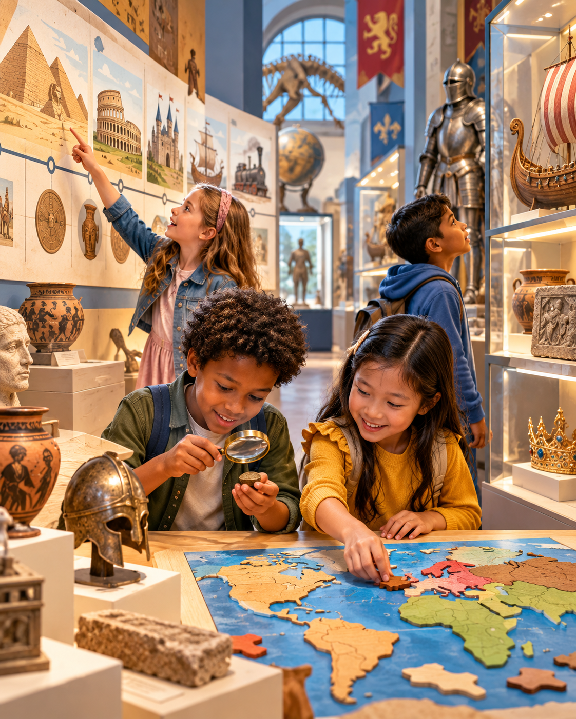 Children explore ancient artifacts and a world map puzzle in a history museum.