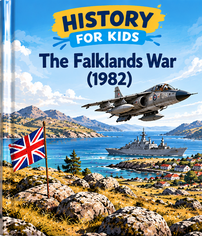 History for Kids: The Falklands War (1982), illustrated with a British flag, military jet, warship, and coastal island landscape.