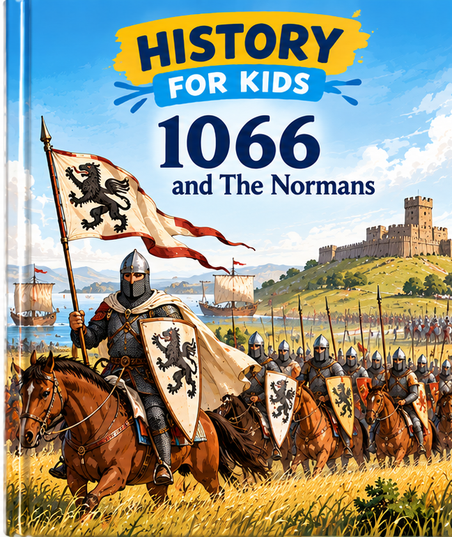 Illustrated children's history book cover about 1066 and the Normans, showing armored Norman knights on horseback carrying lion-emblem shields and a flag, with a castle and ships in the background.