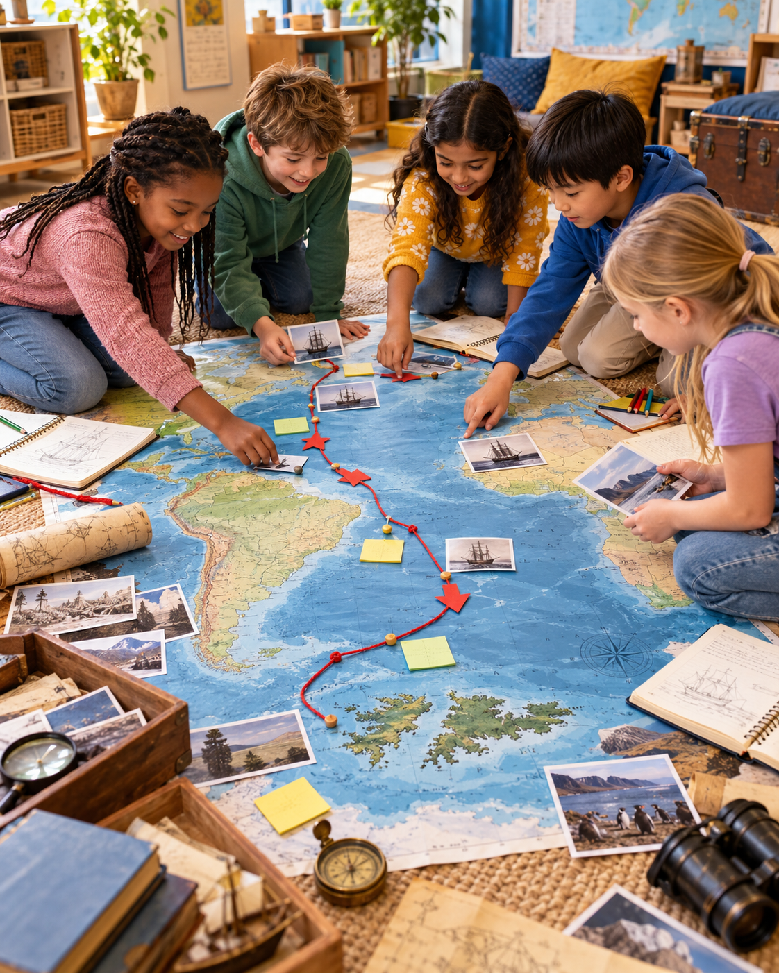 Five children explore a world map with a red travel route, photos, compass, binoculars and vintage exploration materials.