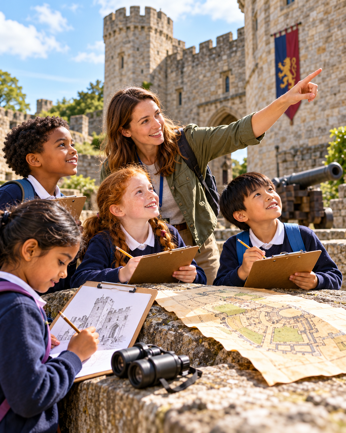 Teacher and schoolchildren exploring a medieval castle with maps, clipboards, binoculars and a cannon.