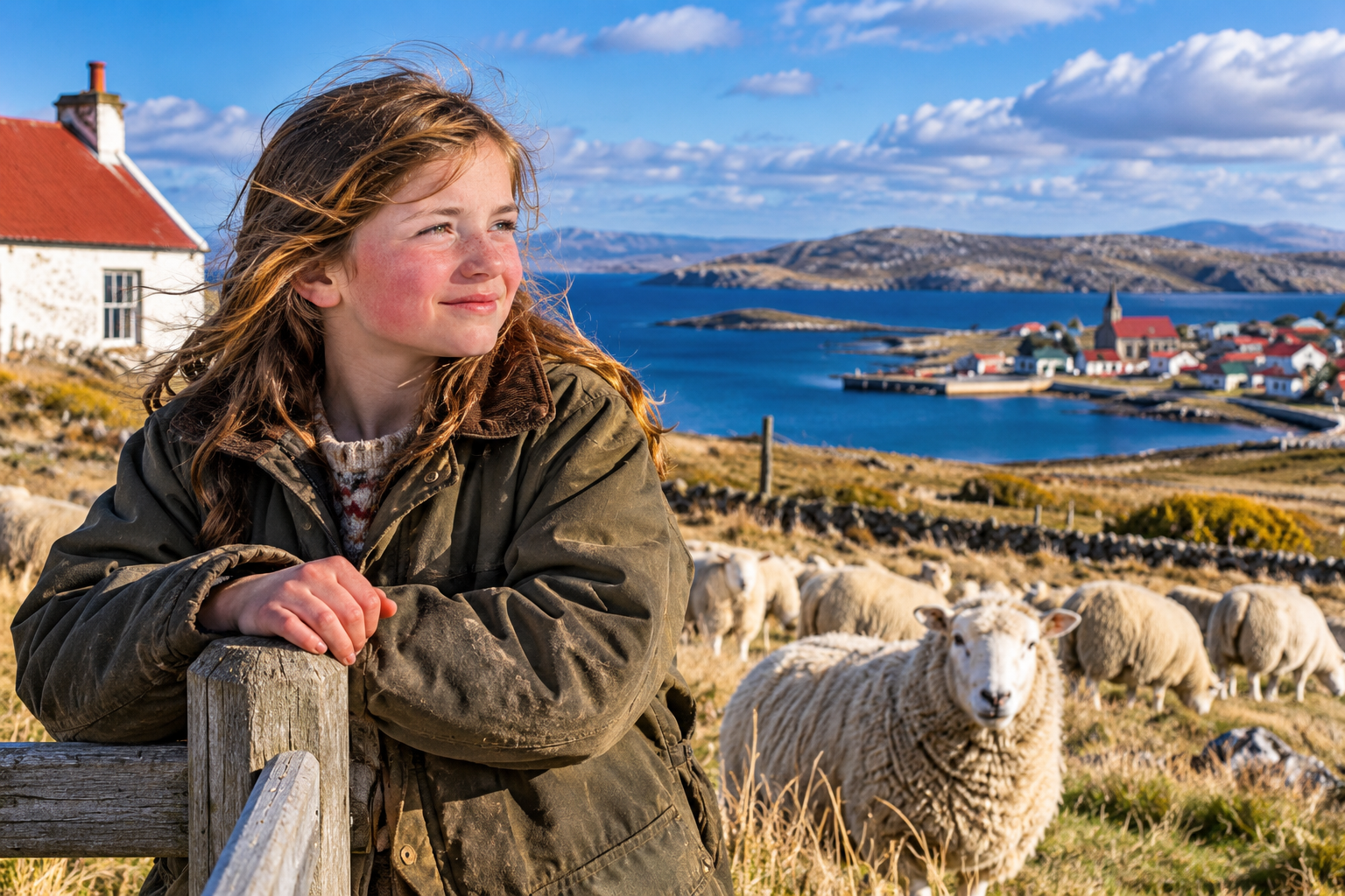 Falkland Island girl in a field with sheep overlooking a coastal village and blue bay.