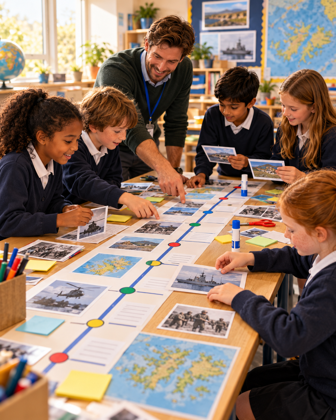 Teacher and pupils creating a history timeline project with maps and historical photos in a classroom.
