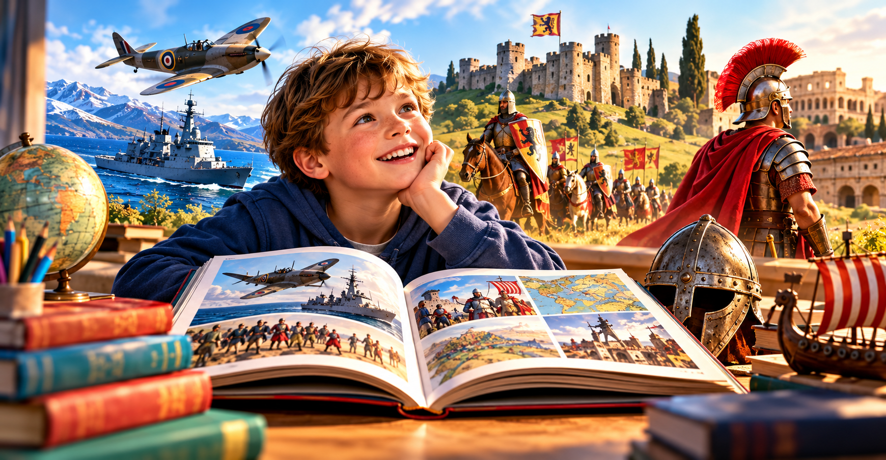 Child studying an open history book surrounded by a globe, books, medieval knight, Roman soldier, castle, warship, and fighter plane.