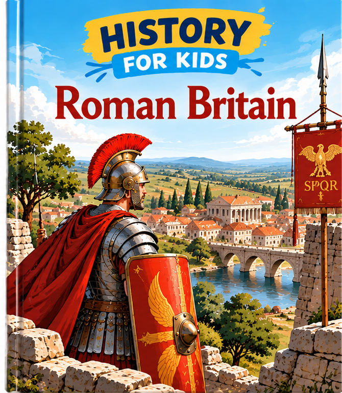 History for Kids: Roman Britain book cover showing a Roman legionary with red shield and banner overlooking a stone bridge and countryside.