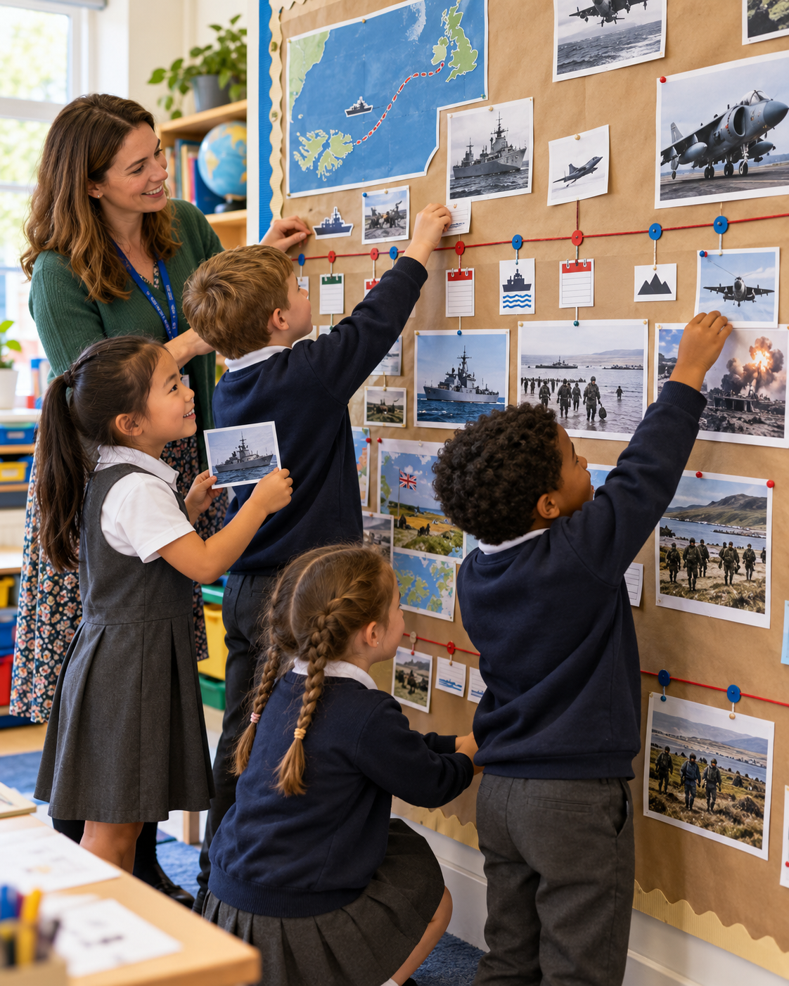 Teacher and pupils studying a military history display with maps, ships, aircraft and historical photographs in a classroom.
