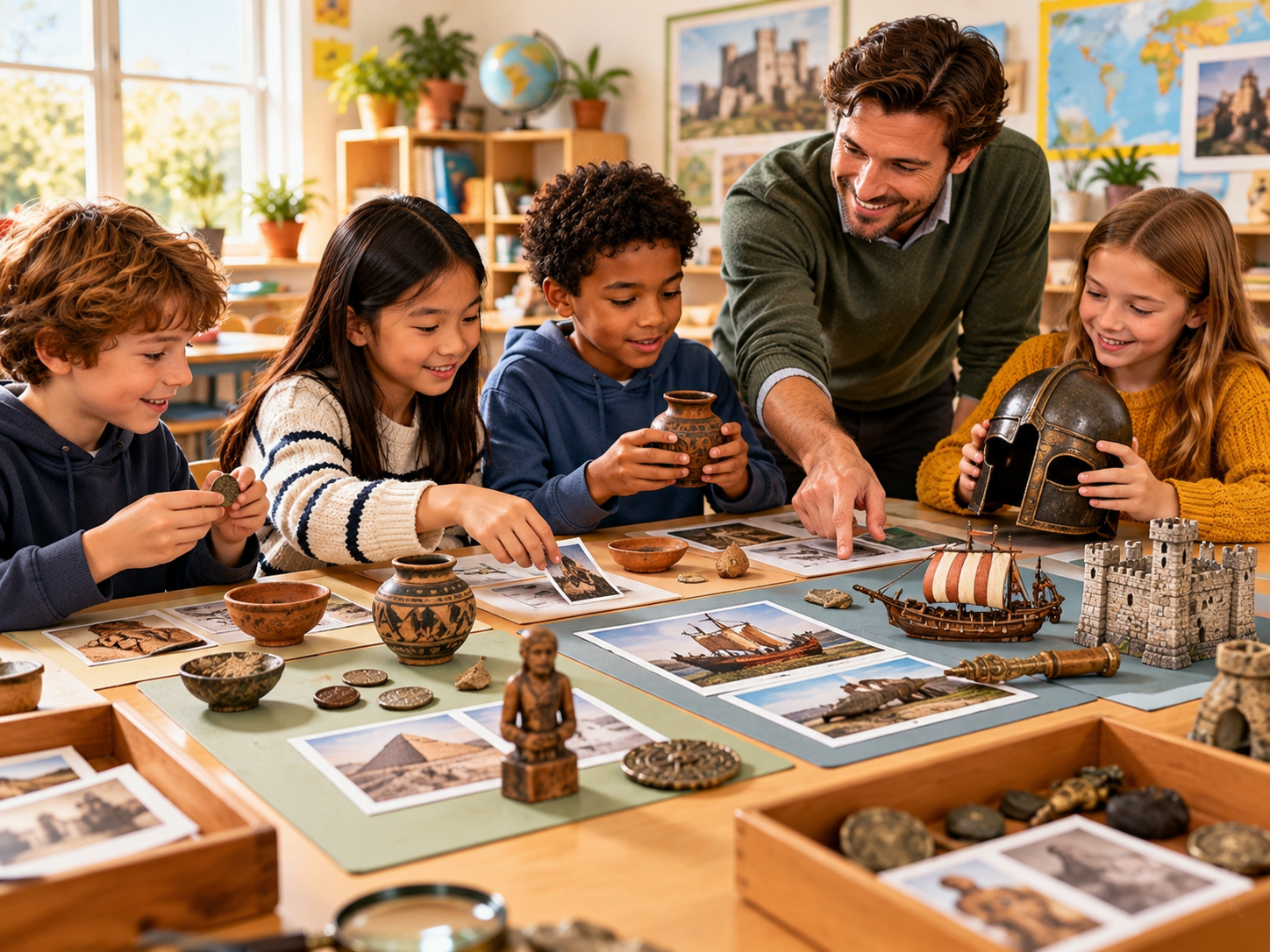 A picture of a teacher in a classroom with many children looking at various historical artifects