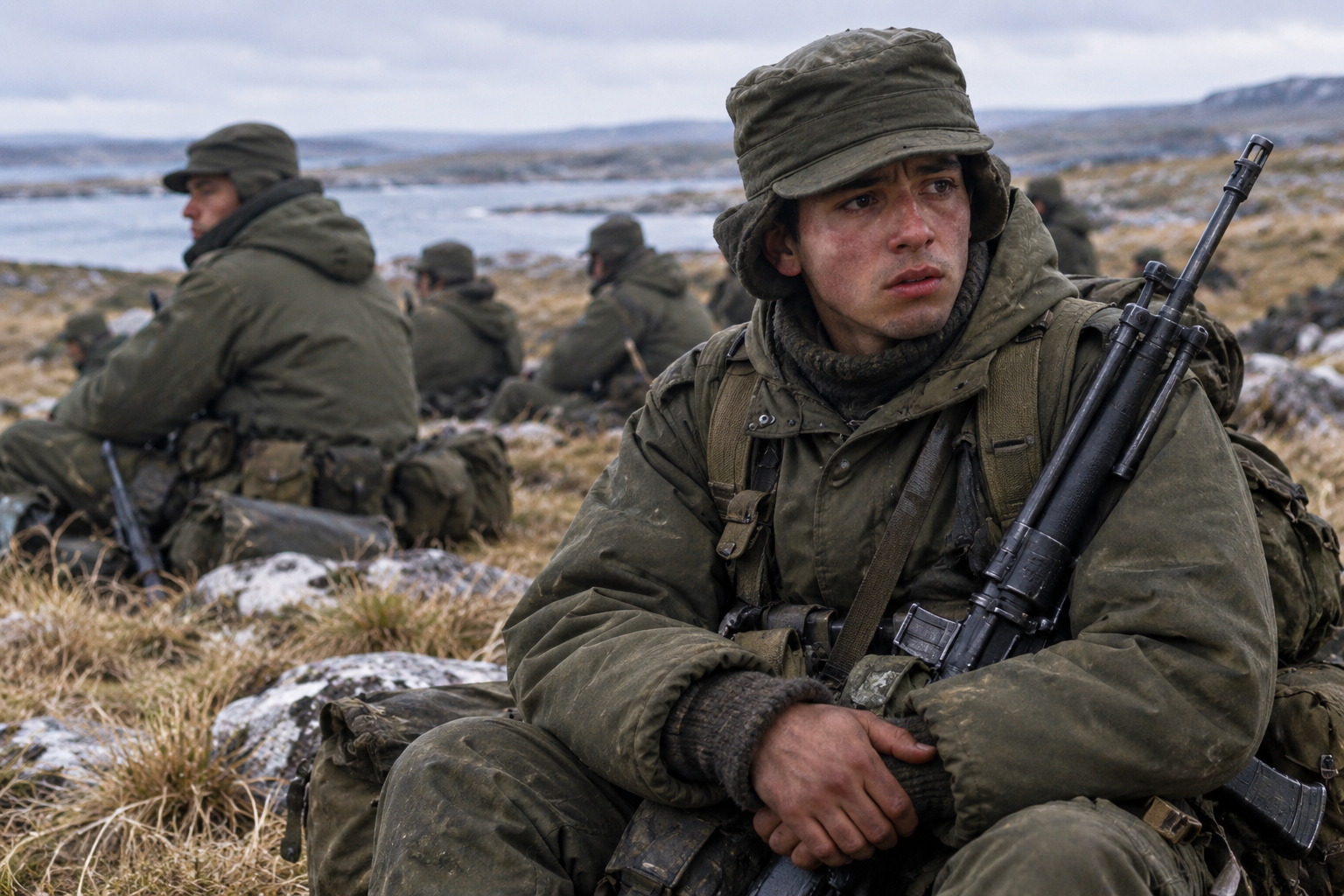 Argentine soldiers in winter camouflage resting beside a rocky lake, with a rifle-bearing soldier in the foreground.