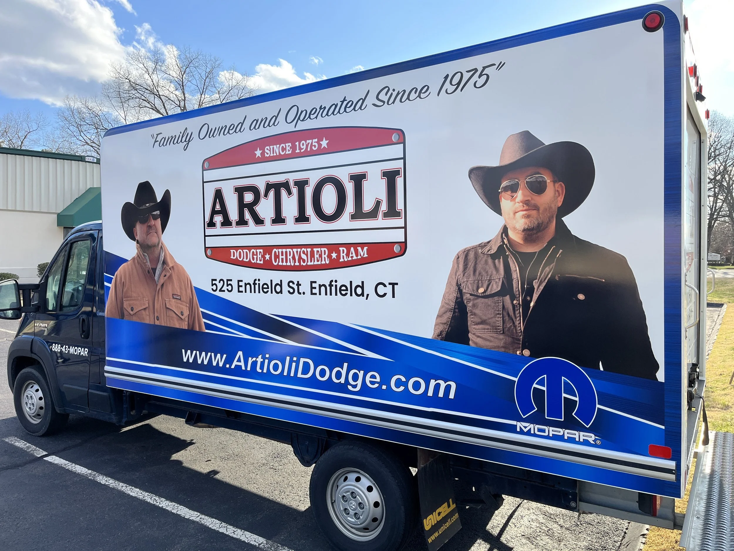 Full box truck wrap design, printed, and installed at our Windsor Locks shop. Enlarged photo prints. Company logos for Artioli Dodge in Enfield, CT