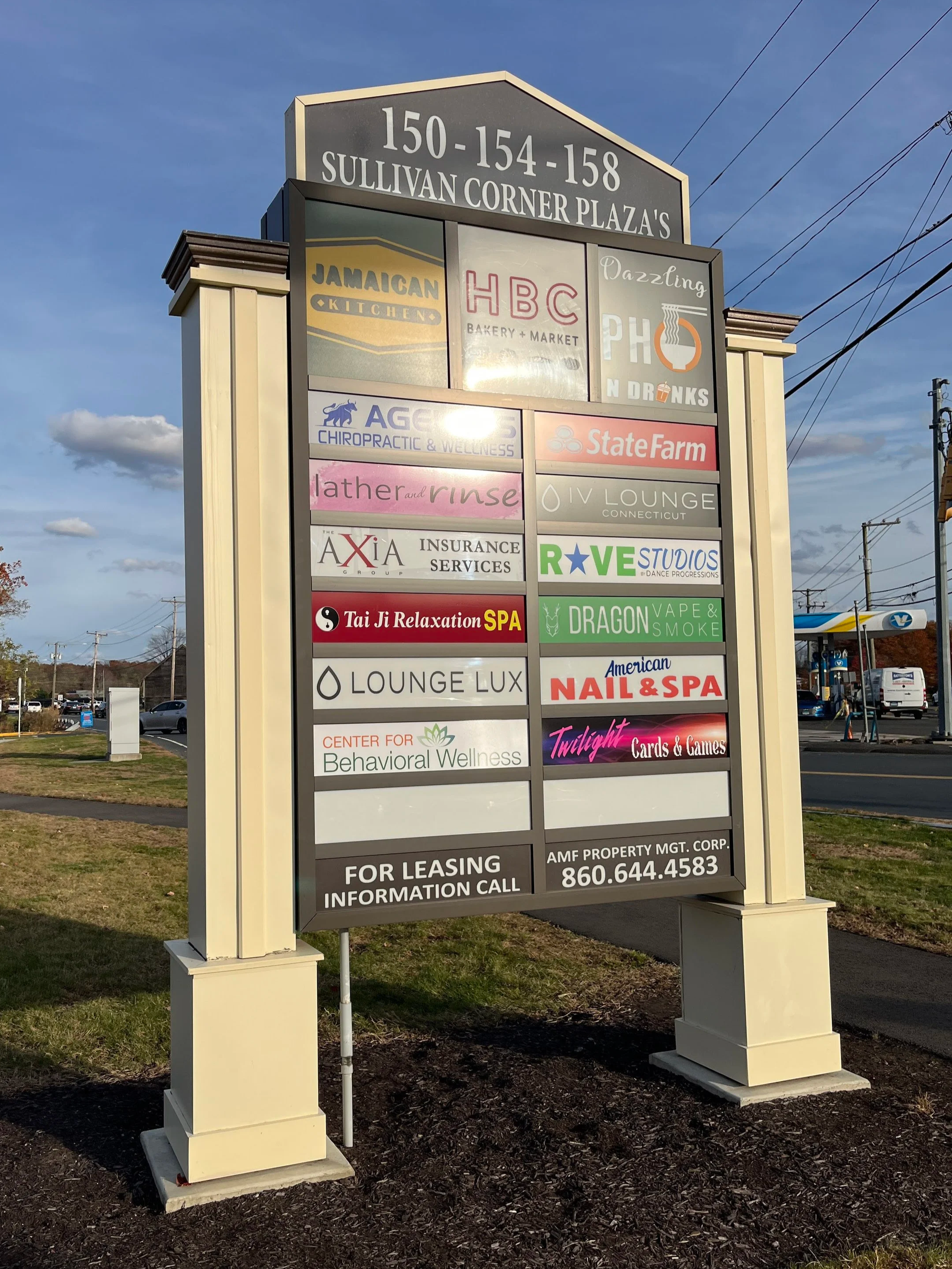 Large freestanding sign for Sullivan Corner Plazas in South Windsor, CT