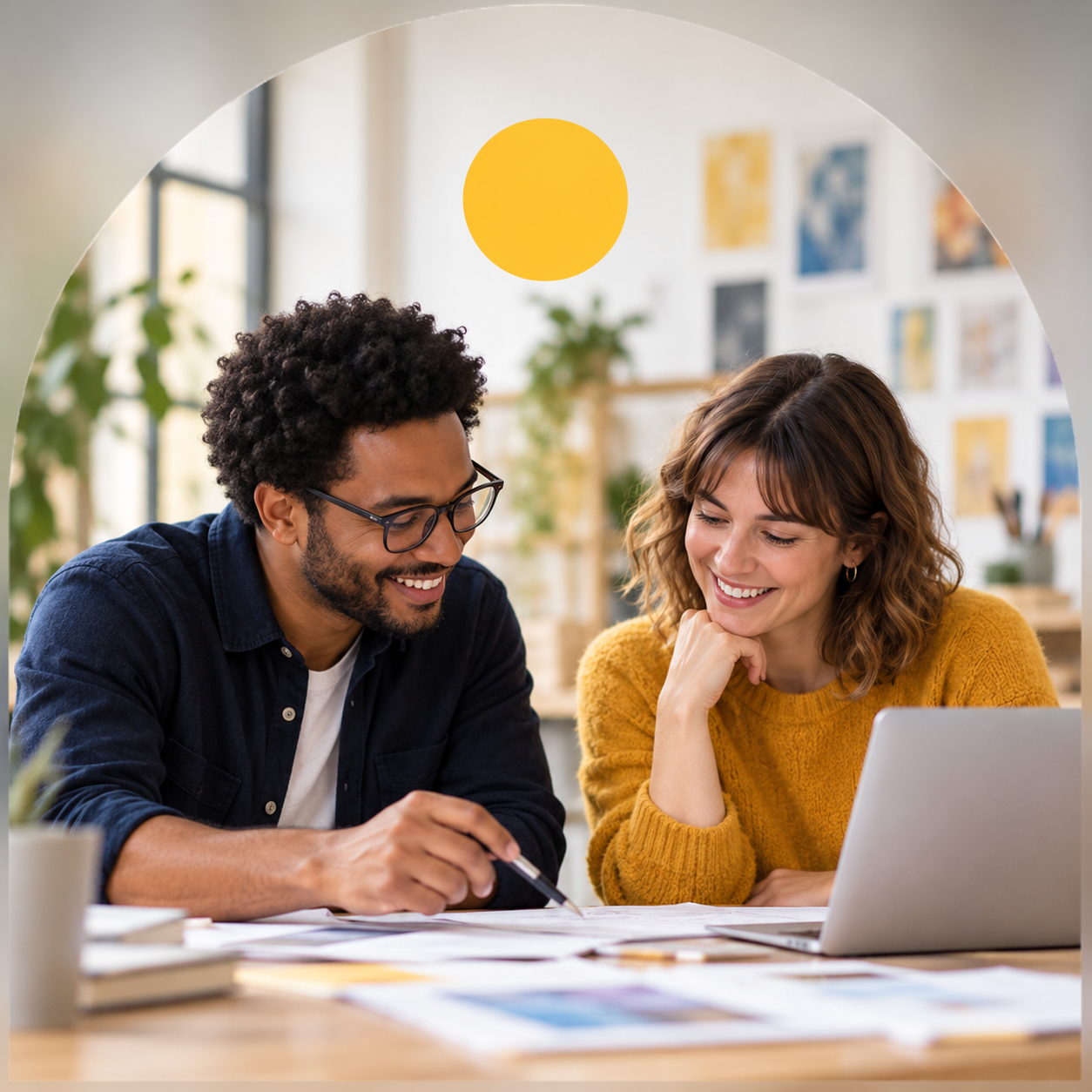 Man and woman colleagues are working in front laptop