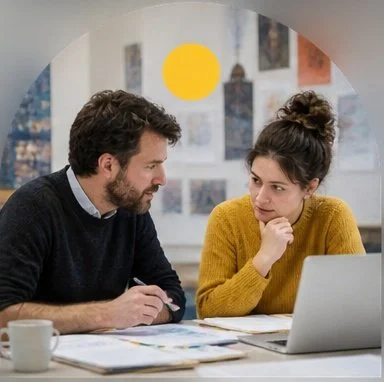 A man and woman working in front of laptop