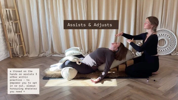 ✩₊˚.⋆☾⋆⁺₊✧ Assists &amp; Adjusts ✩₊˚.⋆☾⋆⁺₊✧

In every practice we share there is a consent card at the top of your mat. 

At the beginning of each class I invite you to check in with yourself, to choose which side of the consent cards you&rsquo;d lik